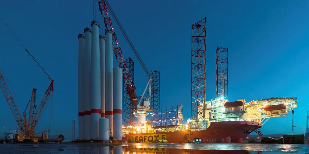 . Seafox 5 at the Dutch port of Eemshaven with GE Haliade components for Merkur wind farm.