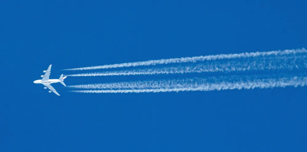 A Qatar Qirways Airbus A380 jet on its way to Heathrow Airport.