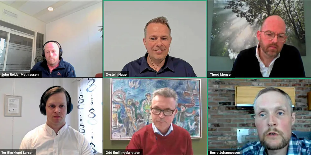 Fiskeridirektoratets webinar om fremtidens fiskerikontroll. Oppe til venstre: John Reidar Mathiassen i Sintef Ocean, debattleder Øystein Hage i Fiskeribladet og kontrollsjef Thord Monsen i Fiskeridirektoratet. Nede fra venstre: Miljørådgiver Tor Bjørklund Larsen i Fiskarlaget, fiskeriminister Odd Emil Ingebrigtsen og fisker Børre Johannessen.
