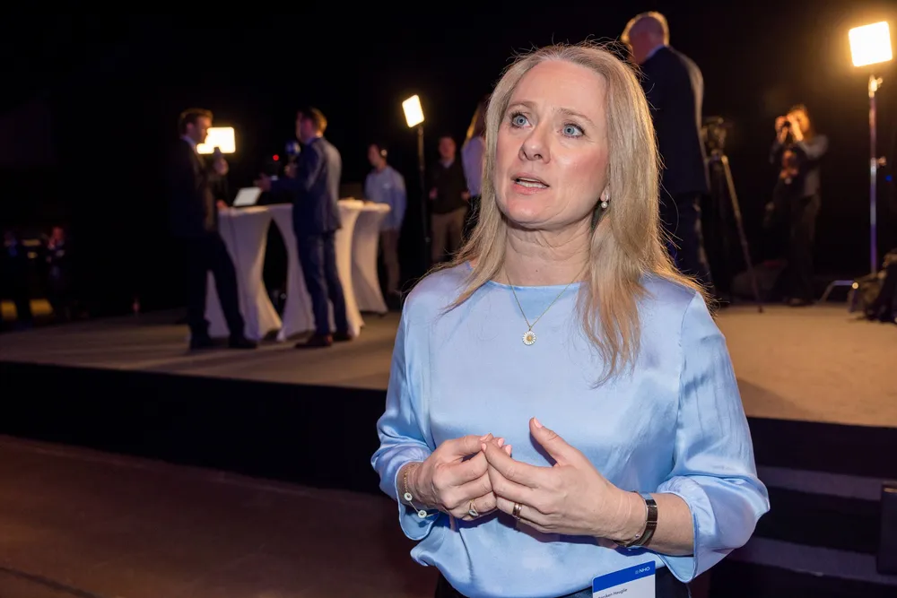 NHO-topp Anniken Hauglie på NHOs årskonferanse i Oslo Spektrum.