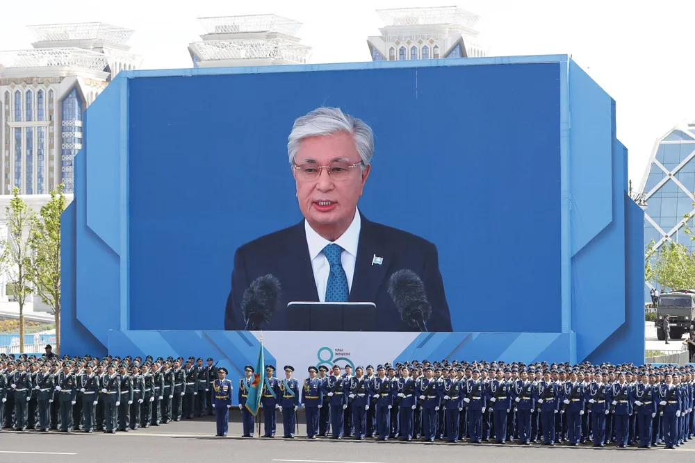 A huge screen in Astana broadcasts a speech of Kazakhstan’s President Kassym-Jomart Tokayev.