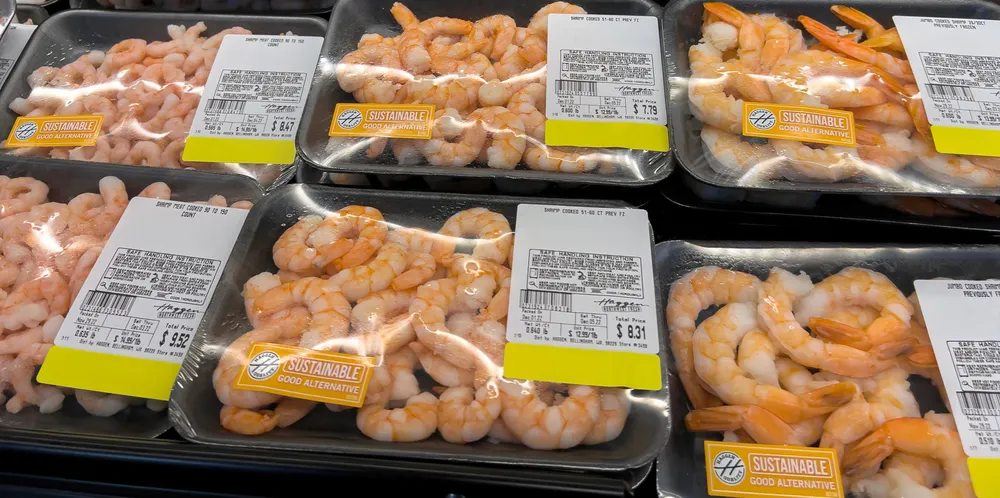 Woodinville, WA USA - circa December 2022: Close up, selective focus on packaged raw shrimp for sale in the refrigerated section of a Haggen grocery store. . shrimp retail supermarket fresh monterey bay seafood watch good alternative.