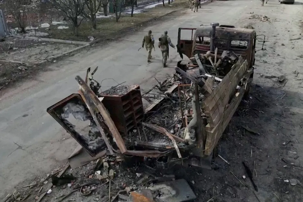 Destruction: a drone image of a destroyed vehicle amid Russia's ongoing invasion of Ukraine, in Klymentove, Ukraine