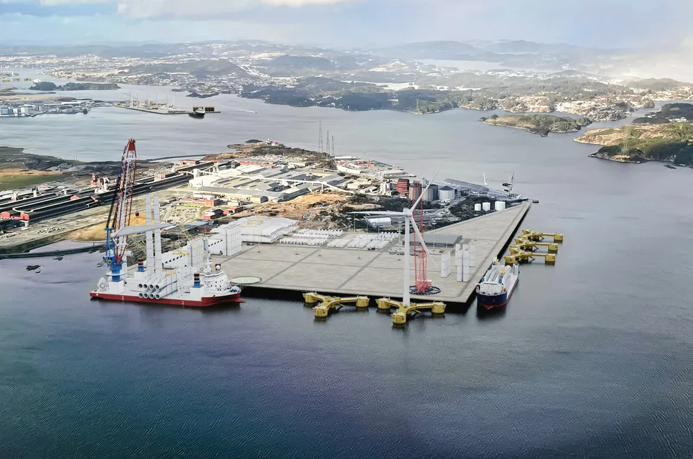 Illustrasjon over Haugesund Windport og Hydros fabrikkområde på Håvik. I bakgrunnen sees Haugesund Cargo Terminals, Husøy.