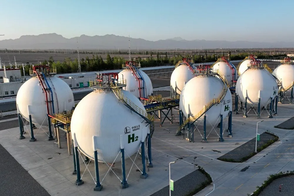 Hydrogen storage tanks at Sinopec's 260MW Kuqa green hydrogen project, the world's largest, in Xinjiang, China.