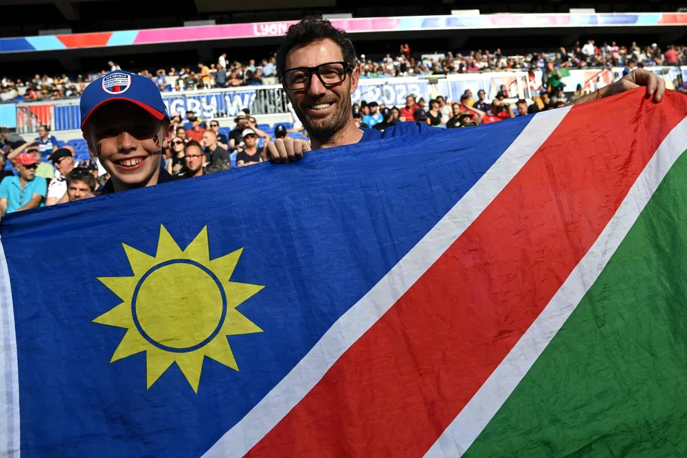 Namibia's supporters hold their flag at the 2023 Rugby World Cup in France