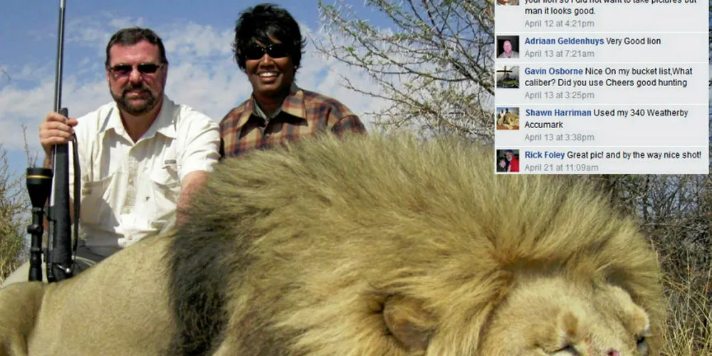 A picture, purportedly of Shawn Harriman, with a lion he apparently shot dead from a "naming and shaming" website.