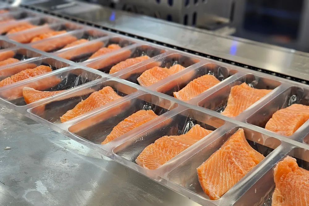 Klar for eksport: Porsjonspakker av laks hos 1814 Salmon på Eidsvoll.