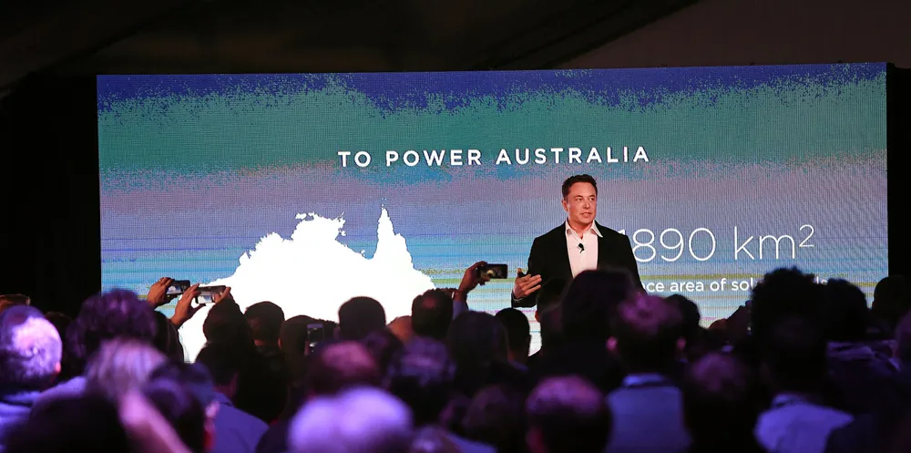 Elon Musk during his presentation during Tesla Powerpack's Launch Event at Hornsdale Wind Farm in 2017.