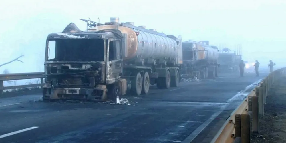 Images from local media showed a line of burned out trucks.