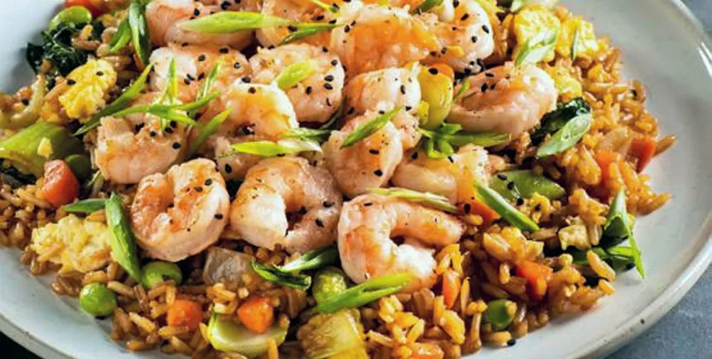 Green Chef's crispy shrimp and fried rice made with bok choy, edamame, carrots, scrambled egg and ginger.