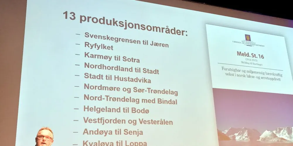 Fiskeriminister Per Sandberg presenterte det nye vekstsystemet under Sjømatdagene på Hell. Foto: Kjersti Kvile