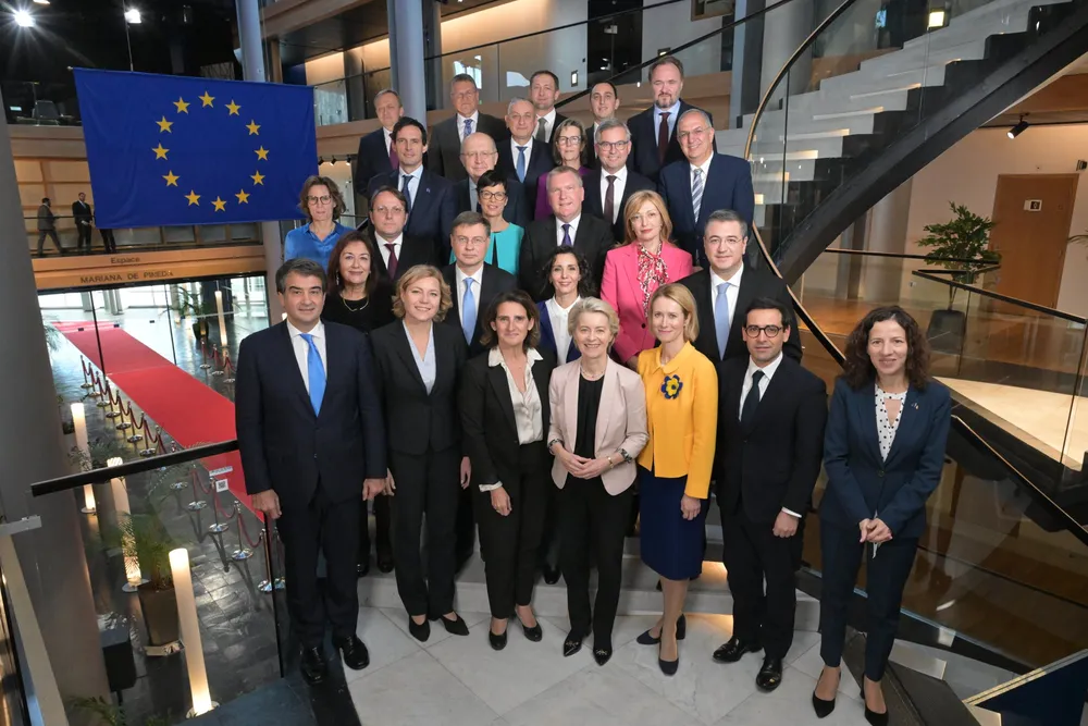 The European Commission team includes President Ursula von der Leyen (front centre).