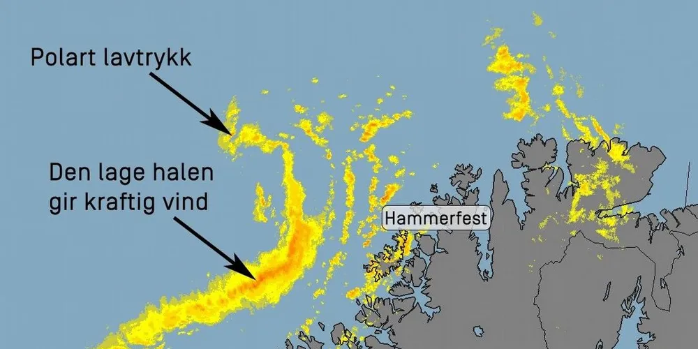 Et polart lavtrykk treffer Troms og Vest-Finnmark mandag ettermiddag. Foto: Meteorologisk institutt @meteorologene på Twitter