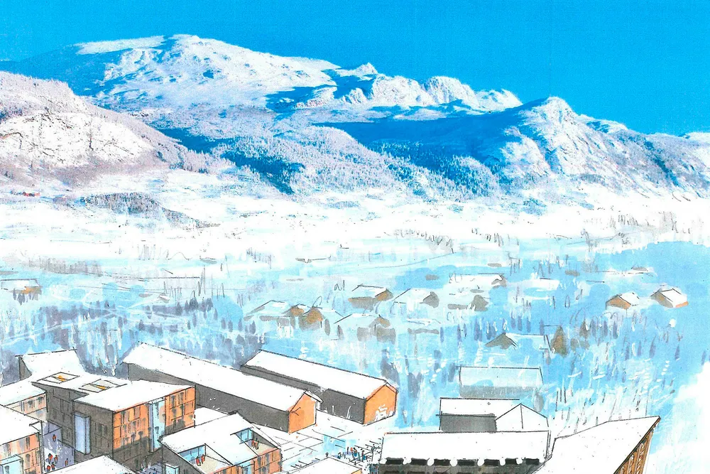 Slik blir Torset-familiens nye leilighetsprosjekt kalt Høgeloft midt i Fjellandsbyen i Hemsedal. Illustrasjon: Arkitekt Tore Koxvold