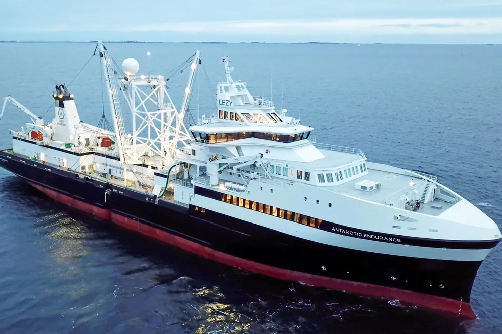 Bildet viser krillfartøyet «Antarctic» Endurance, som var ny i 2019. Aker Biomarine eier også «Saga Sea» og «Antarctic Sea».