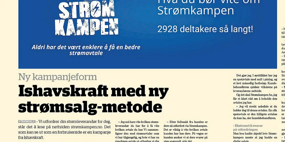 Faksimile: Forbrukertilsynet mener Ishavskrafts salgskampanje Strømkampen er villedende markedsføring, og pålegger at det blir gjort endringer. Faksimile: Energi 03/18