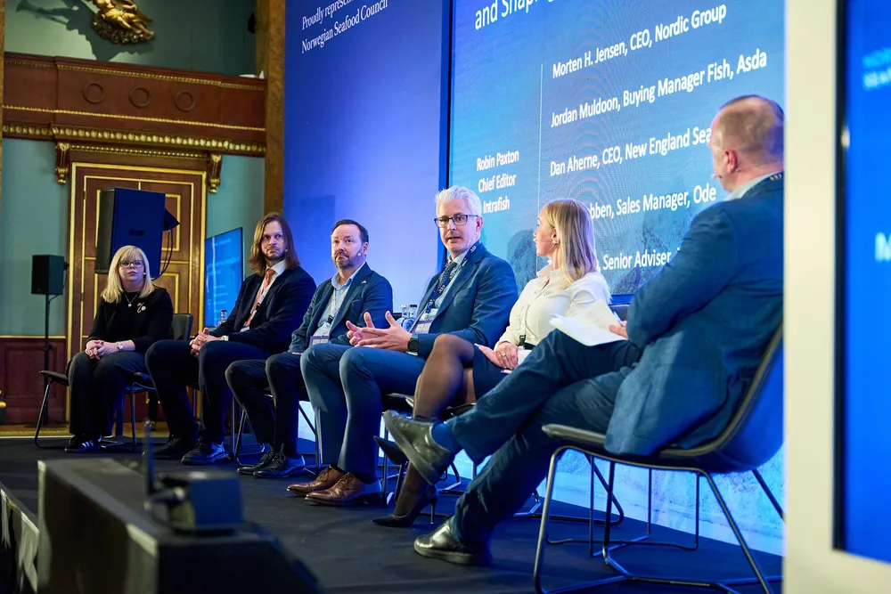 The UK-Norway Seafood Summit 2025 took place in Fishmongers' Hall, London, Feb. 25. Left to right: Jordan Muldoon, Buying Manager Fish, Asda; Tor Bjorklund Larsen, Senior Adviser, Norwegian Fisherman’s Organisation; Morten Jensen, CEO, Nordic Group; Dan Aherne, New England Seafood CEO and member of the board, UK Seafood Federation; Cathrin Rabben, Sales Manager, Ode.