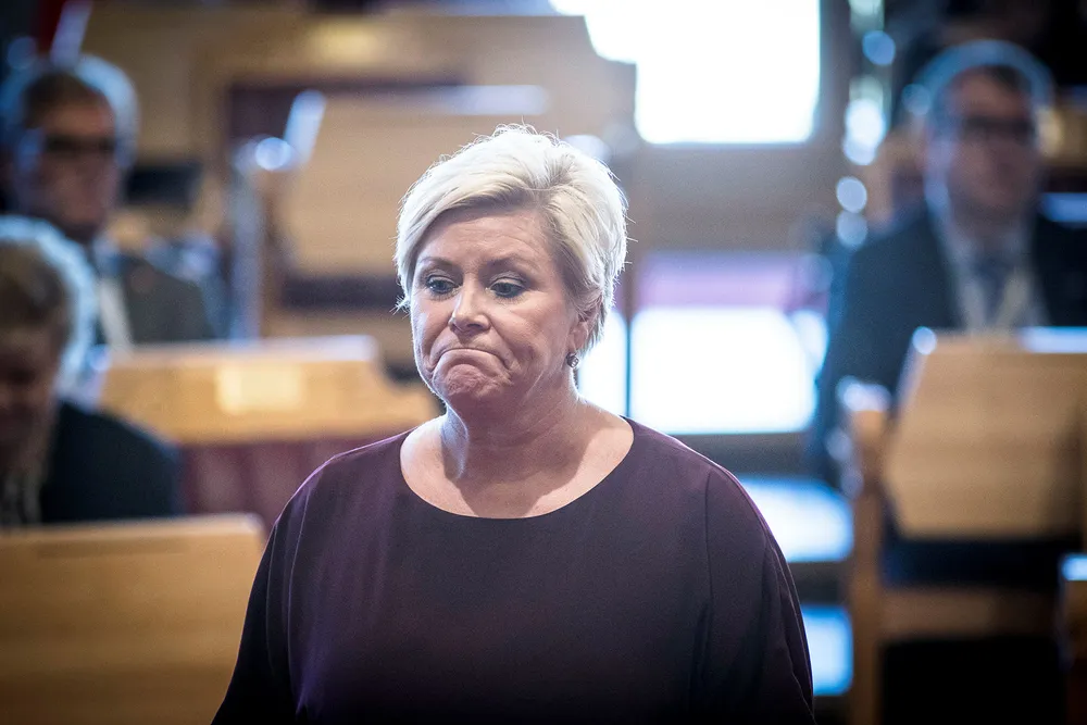 Torsdag presenterte finansminister Siv Jensen statsbudsjettet for 2018. Engangsavgift på tunge elbiler var blant nyhetene. Foto: Gunnar Blöndal