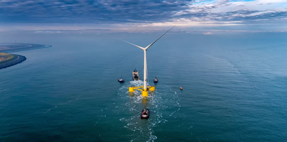 One of the floating wind units for Scotland's Kincardine project en route to site