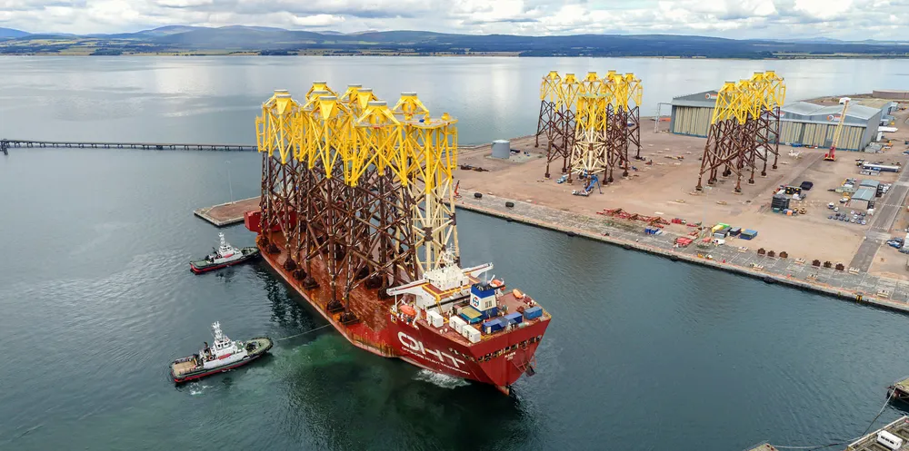 OHT Hawk arrives at Nigg Energy Park carrying turbine jackets for the Moray offshore wind farm
