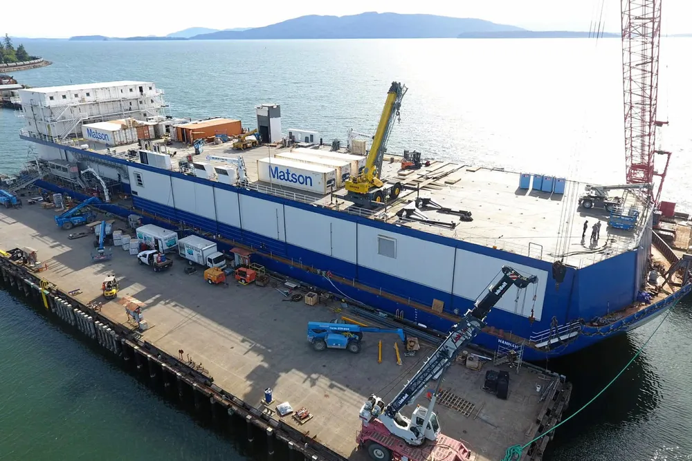 The Northline Seafoods barge Hannah docked in Bellingham, Washington.