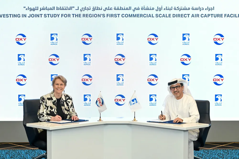 Carbon capture: Vicki Hollub, chief executive of Occidental (left) and Musabbeh Al Kaabi, executive director for low carbon solutions and international growth at Adnoc.