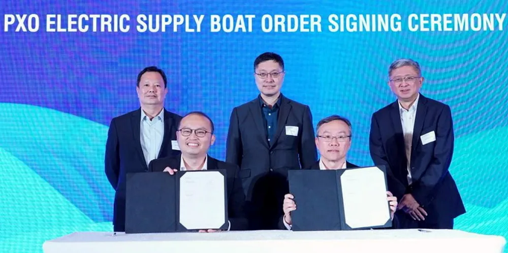 Members of the CSA sign the contract for PaxOcean Group's first e-supply boat newbuilding.