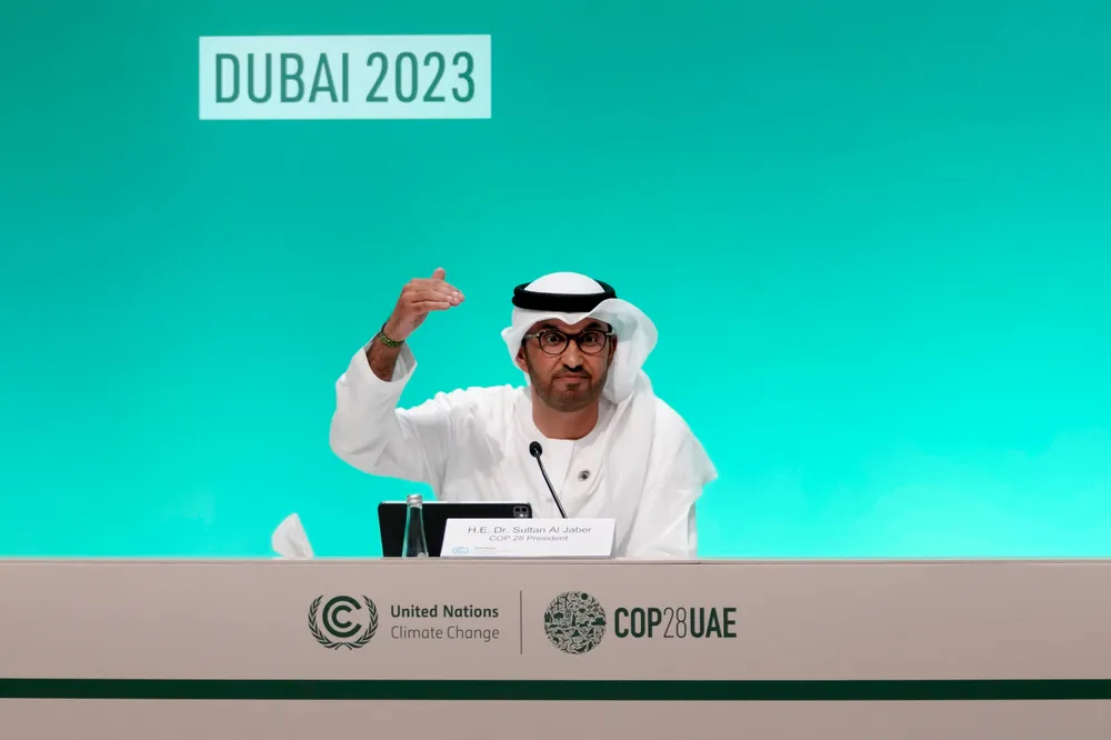 Green move: COP28 president Sultan Ahmed Al Jaber speaks during a news conference at the COP28 summit.