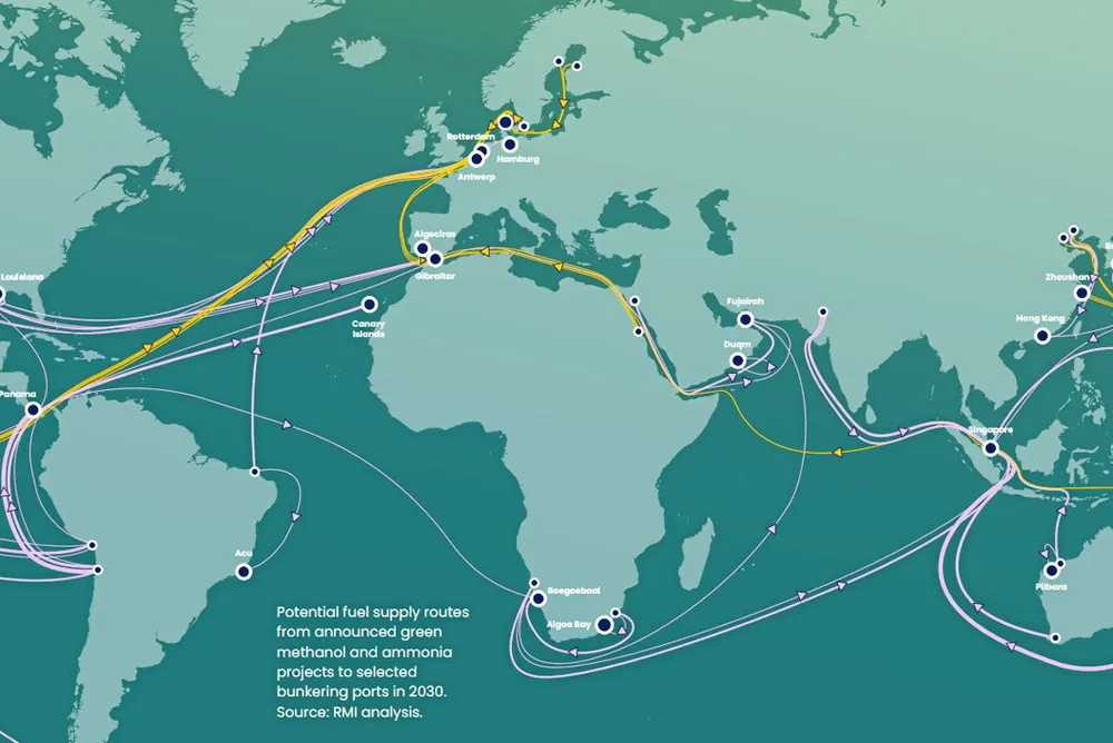 A map of future ammonia (purple) and methanol (orange) supply routes to global bunkering hubs if only 20% of announced green hydrogen projects by 2030 take FID.