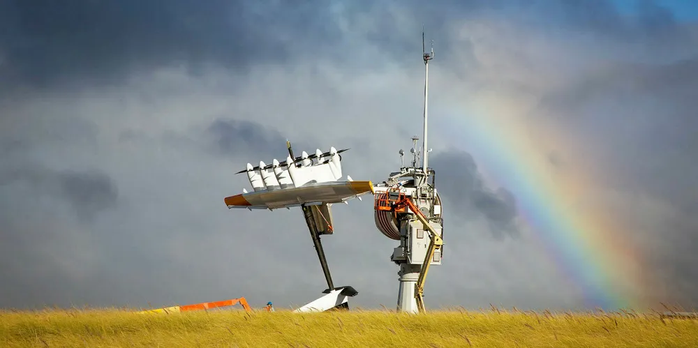 A Makani 'energy kite' ready for take off