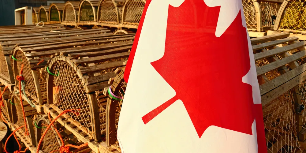 Canadian lobster traps sit on the docks.
