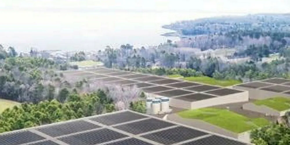 An illustration of Nordic Aquafarms' Belfast RAS overlooking Penobscot Bay.