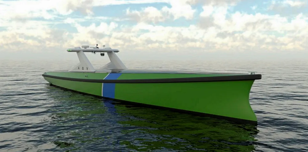 The Autonomous Guard Vessel (AGV) developed by a consortium of naval architecture and marine engineering firms. The battery-powered design was launched in July 2020.