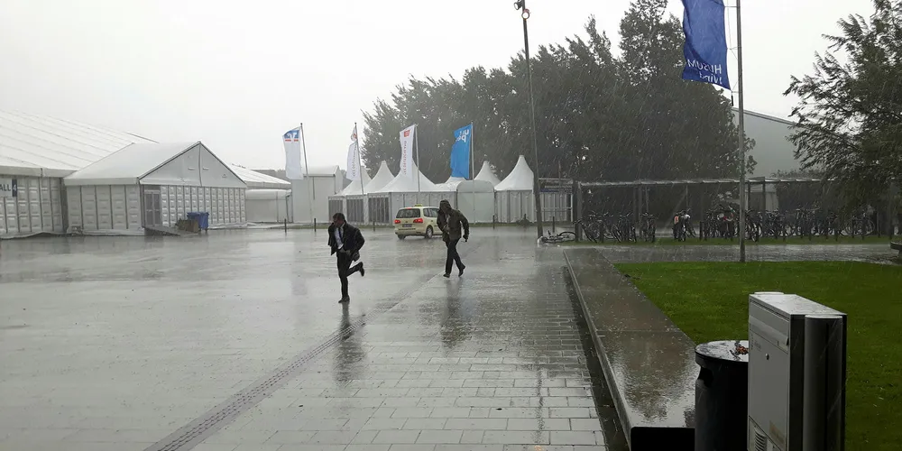 A rain-lashed Husum site earlier