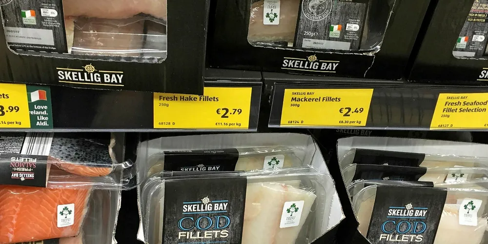 Aldi Ireland promoting imported fish with an Irish flag on the packs.