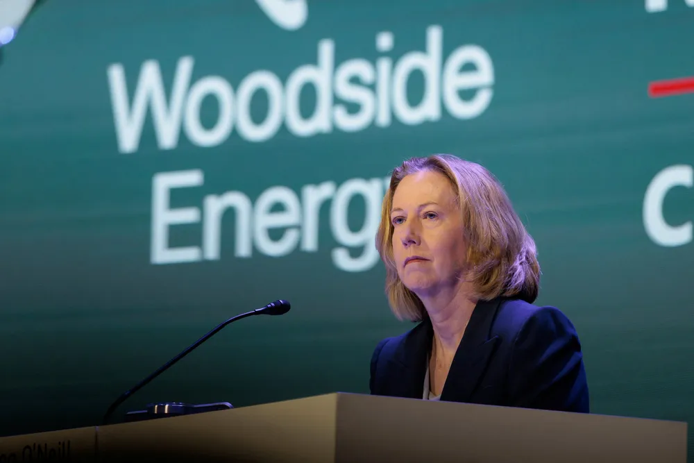 Woodside Energy chief executive, Meg O'Neill, speaks during the Woodside AGM in Perth, Australia, on 8 May 2025.