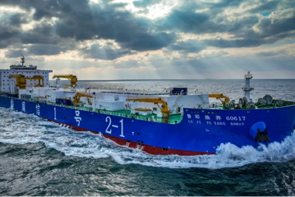 "The vast potential for offshore aquaculture growth [in China] now lies in the deep and far seas," said Pan Ocean Aquaculture Director Ma Kun. The Guoxin No.1– 2-1/2-2 has a farming volume of 100,000 cubic meters and is one of six Chinese fish-farming vessels in operation.