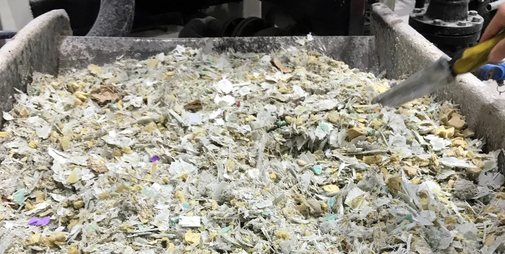 The shredded remains of an old GE wind turbine blade at Veolia's processing facility in Missouri.