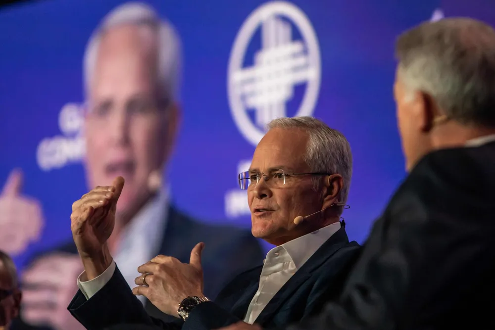 ExxonMobil chief executive Darren Woods speaks at the Milken Institute's Global Conference in Beverly Hills, California on 6 May 2024.