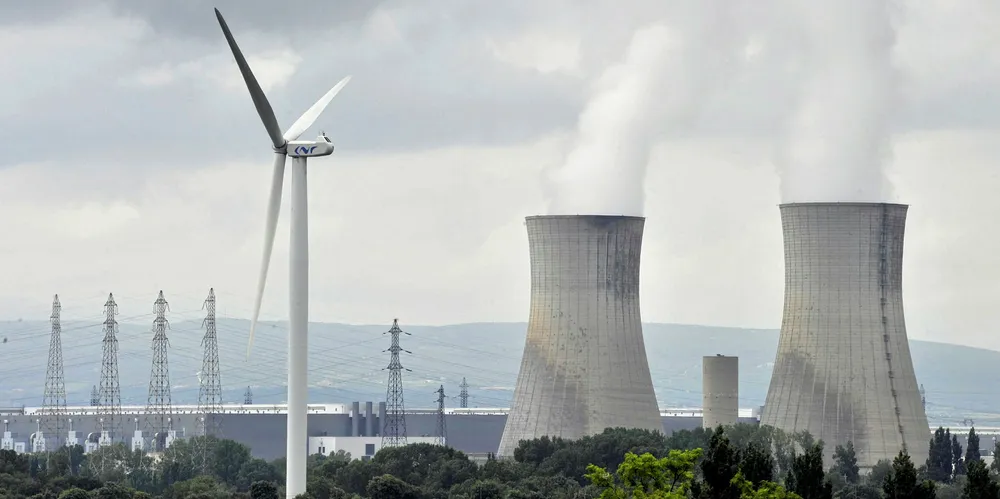 Wind turbine near French uranium enrichment plant in the Tricastin nuclear power center