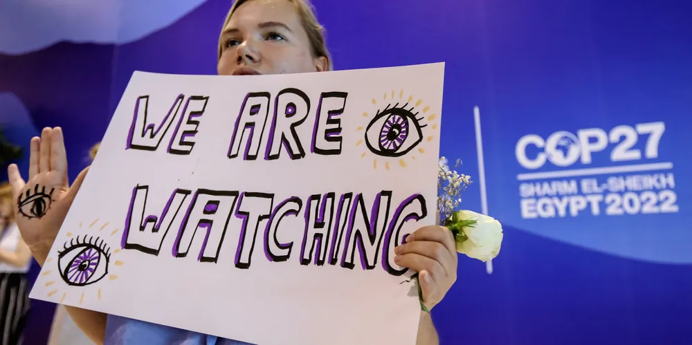 A climate activist Luisa Neubauer takes part in a demonstration at COP27.