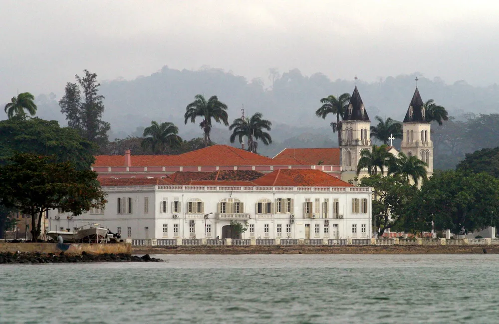 OTEC's island home: Colonial buildings and a Catholic church is seen on Sao Tome offshore West Africa.