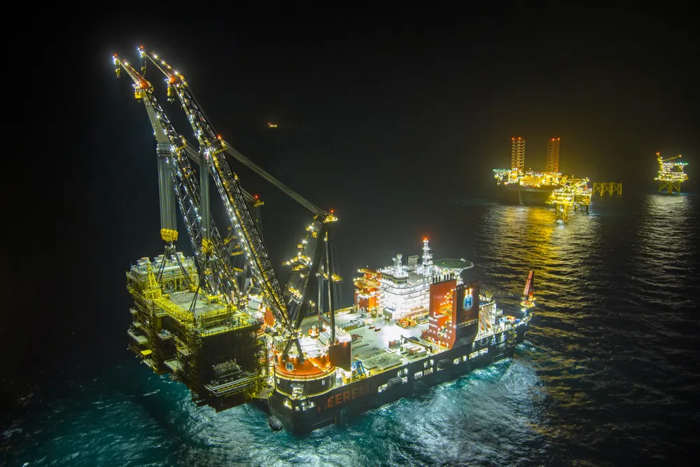 Heavy work: Heerema Marine Contractors’ Sleipnir lifted the 17,000-tonne process module into place.