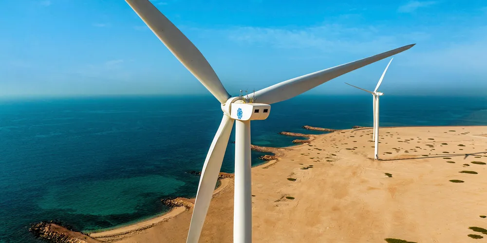 A turbine at the Sir Bani Yas wind project.