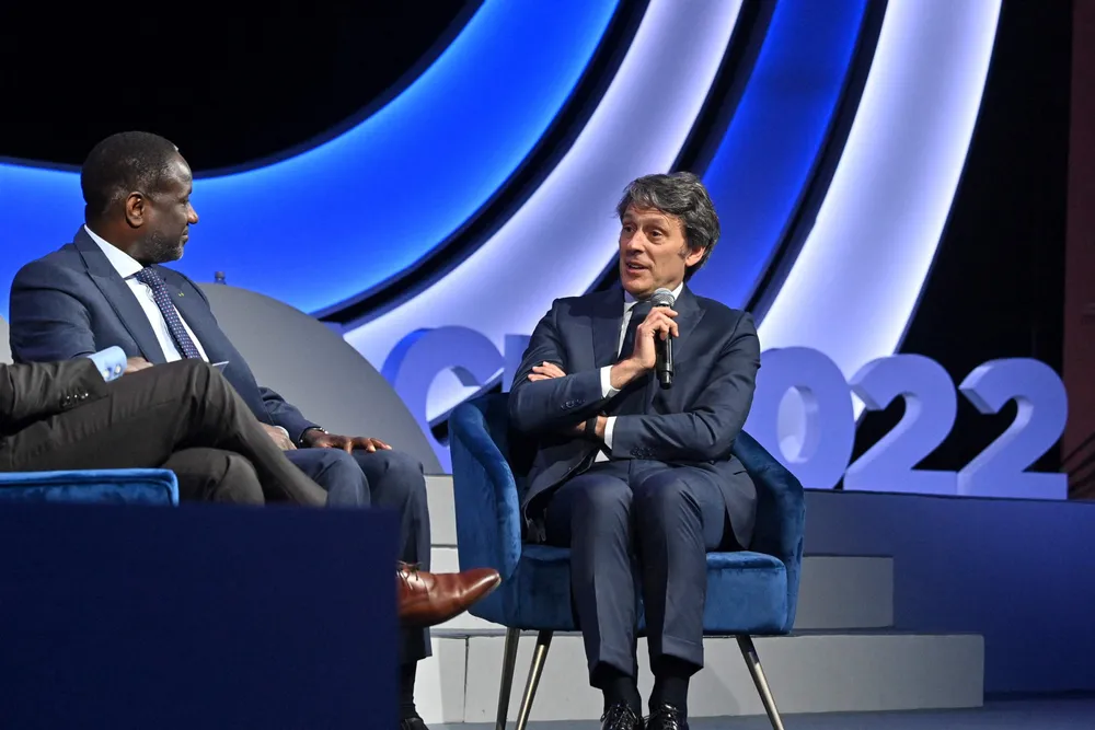 Go faster: Sangafowa Coulibaly (left), the Ivory Coast’s Minister of Petroleum, listens to Luca Vignati, Eni’s head of upstream, during a session at the Afrca CEO Forum in Abidjan on 14 June