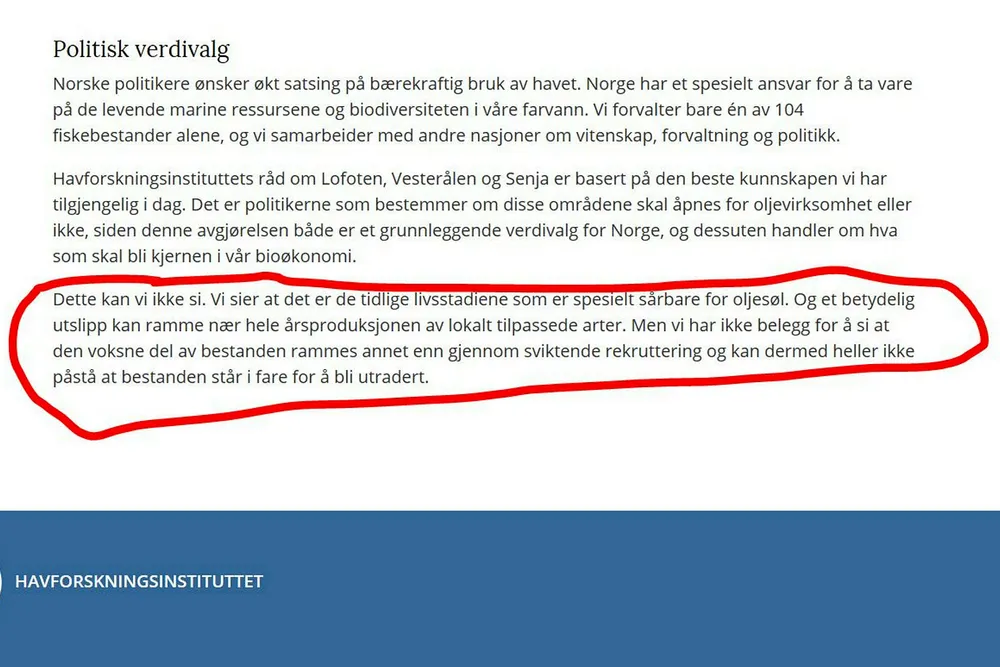 Da Havforskningsinstituttet publiserte sin egen DN-kronikk på hjemmesidene, var den utstyrt med interne redigeringskommentarer. Avslørende, mener oljeforkjemperne.
