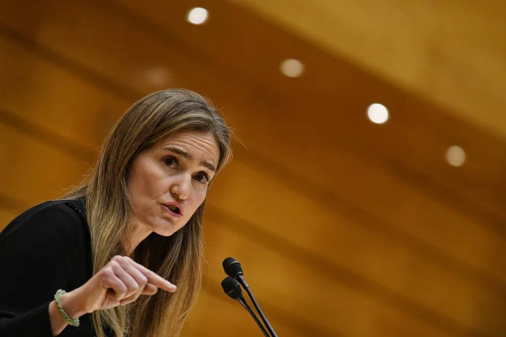 Spain's minister for ecological transition and the demographic challenge, Sara Aagesen, speaking in the Spanish Senate earlier this month.
