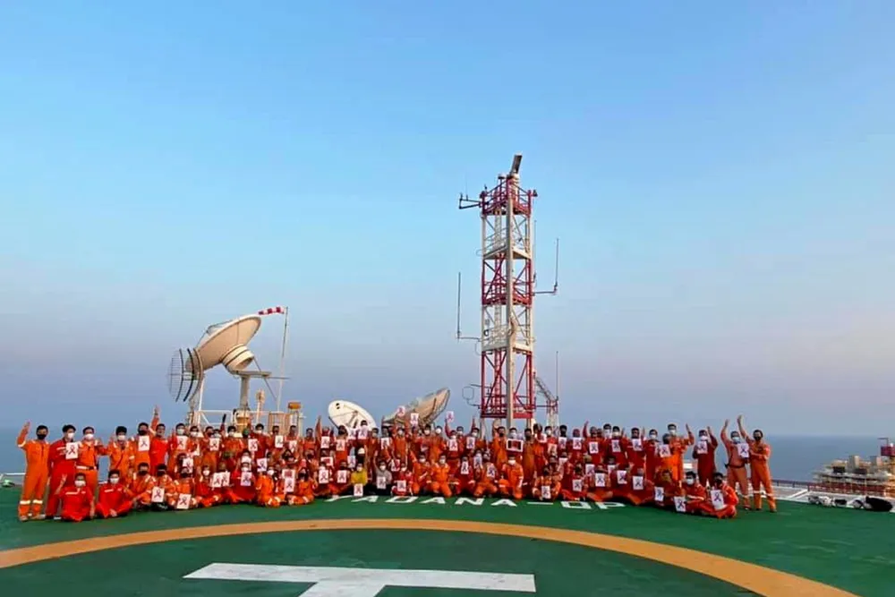 Support for democracy: workers on Total's Yadana gas field offshore Myanmar