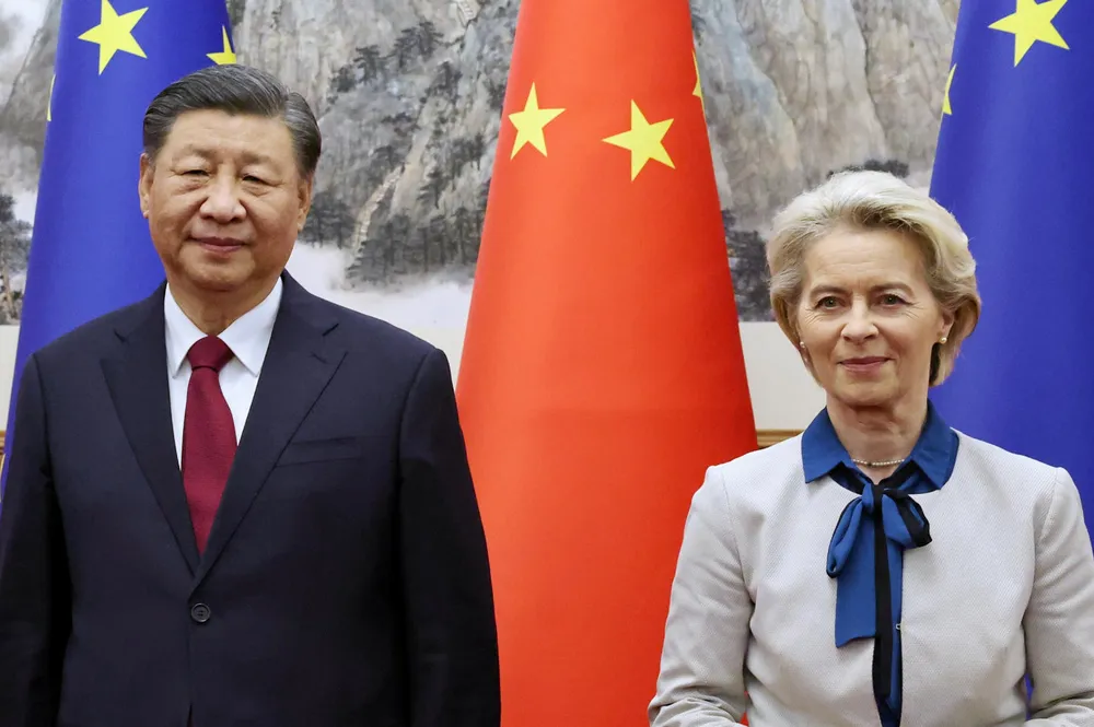 China's President Xi Jinping welcomes EU Commission President Ursula von der Leyen on a visit to Beijing last year.